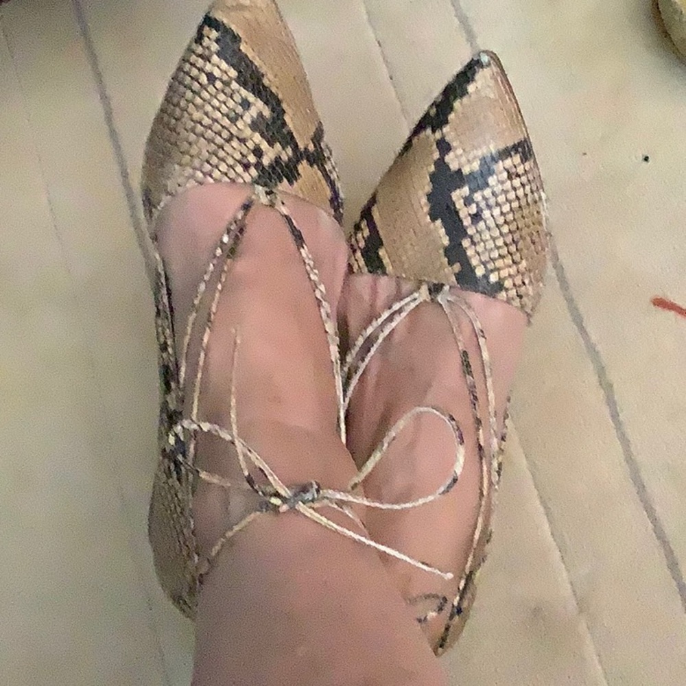 Faux snakeskin block heels with ties